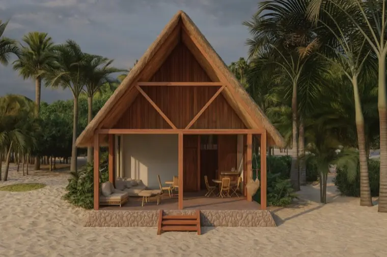 Render de palapa con techo de dos aguas del proyecto Boca del Cielo